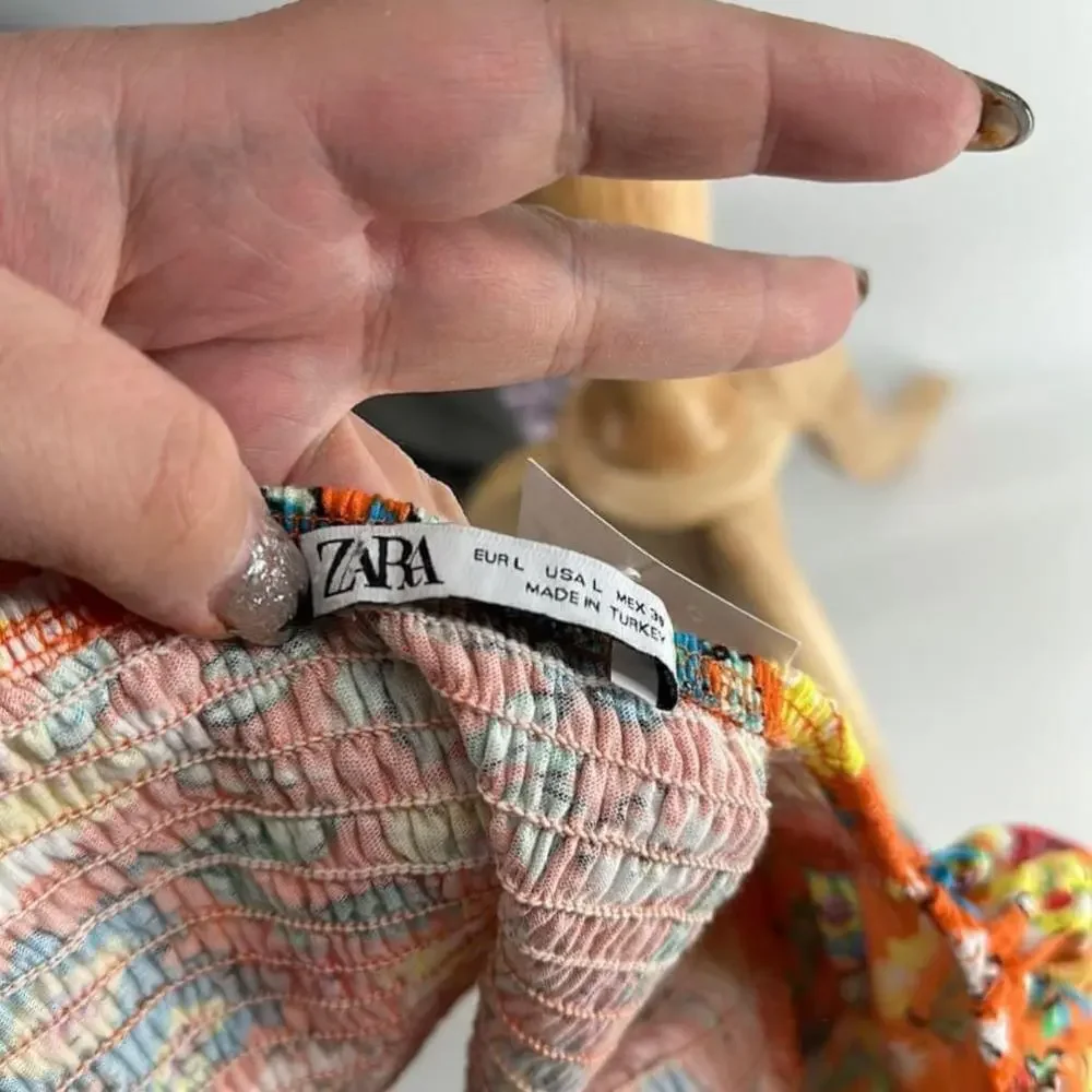 Zara Womens Balloon Sleeve Crop Top Flounce shirt l Orange Floral sz lg NWT - Picture 5 of 10